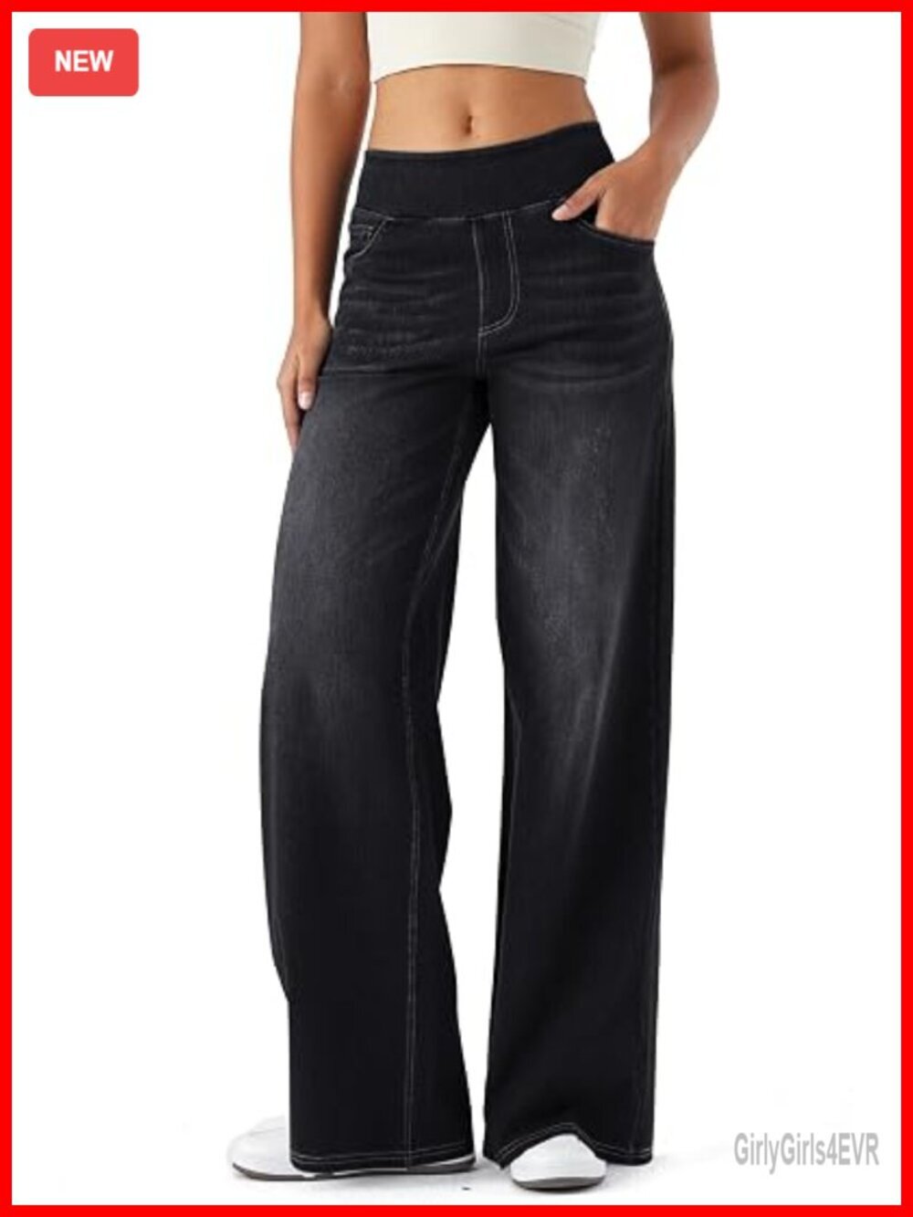 High Rise Wide Leg Jeans with Pockets, Elastic Waist Denim Pants